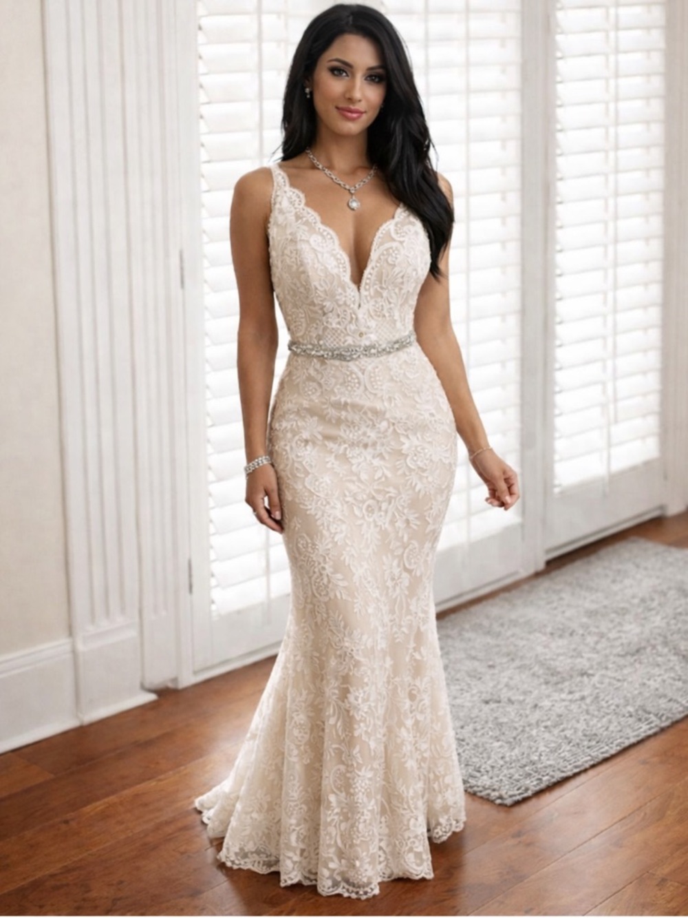 Nina Canacci Lace Mermaid Wedding Dress Size 6 Ivory Boho Bridal Gown